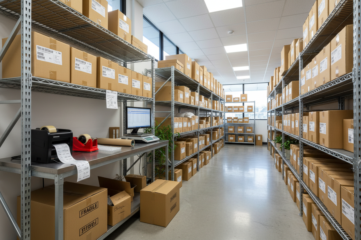 Small work area with carboard boxes on shelves and shipping / receiving areas
